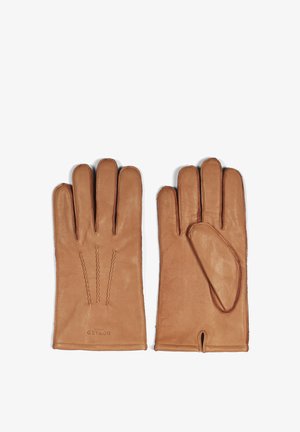 Brune læderhandsker med fem-finger design. Har dekorativ syning på bagsiden og en udsparing ved håndleddet for ekstra stil.