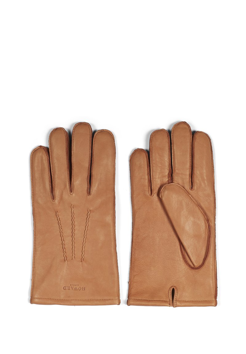 Brune lærhansker med fem-finger design. Har dekorativ søm på baksiden og et utskjært detaljer ved håndleddet for ekstra stil.