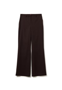Zwarte, wijde pantalons met riemlussen, voorzakken en een verborgen sluiting aan de voorkant, plat gelegd op een witte achtergrond.