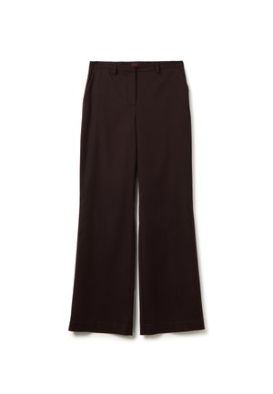 Schwarze, weit geschnittene Hosen mit Gürtelschlaufen, vorderen Taschen und einem verdeckten Frontverschluss, flach auf einem weißen Hintergrund ausgelegt.