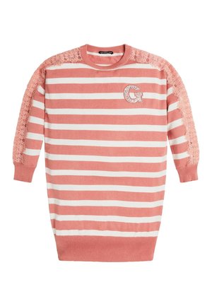 Vestido suéter de punto a rayas rosas y blancas con detalles de encaje en las mangas y un logo "G" de piedras en el pecho. Cuello redondo, dobladillo acanalado.