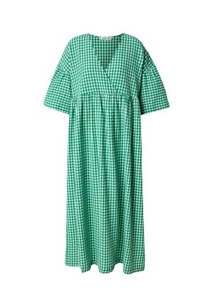 Green and white gingham midi dress with V-neck, short wide sleeves, and gathered waist for a loose fit.