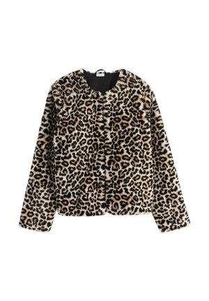 Faux fur-jacka med leopardmönster, svart och tan-färg, rundad halslinje, öppen fram, långa ärmar, mjuk textur och avslappnad passform.