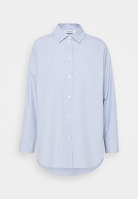 Light blue striped button-up shirt with a pointed collar, long sleeves, and a curved hem. Features white buttons and a relaxed fit.