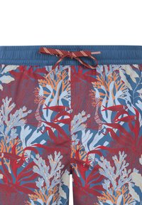 Zwemshorts met een blauwe tailleband, voorzien van een meerkleurig koraalrifpatroon in rood, oranje en lichtblauw. Inclusief trekkoord.