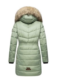 Light green padded coat with a faux fur-lined hood, cinched waist, and contrasting black cuffs. Features horizontal stitching and a logo patch.