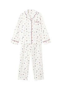 Bijeli pamučni set pidžame koji sadrži gornji dio sa dugim rukavima na gumbe i hlače. Ukrašen cvjetnim i blagdanskim uzorkom, s crvenim obrubom.