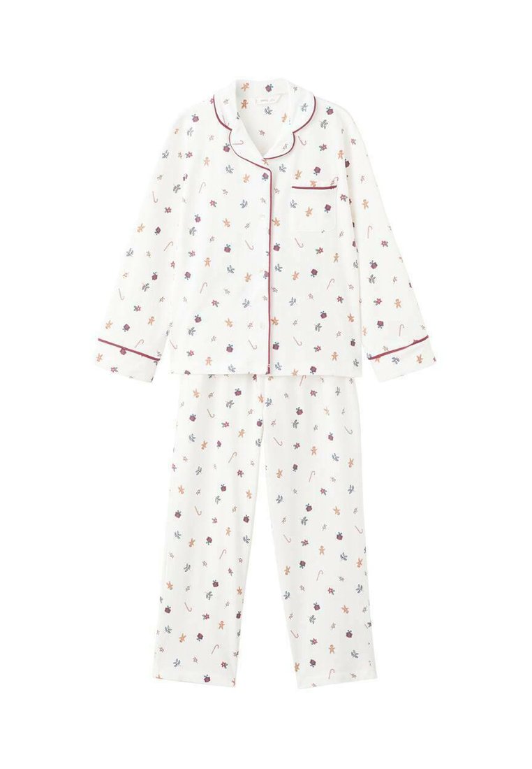 Bijeli pamučni set pidžame koji sadrži gornji dio sa dugim rukavima na gumbe i hlače. Ukrašen cvjetnim i blagdanskim uzorkom, s crvenim obrubom.