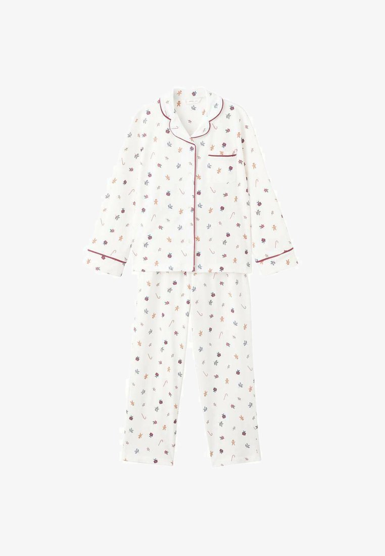 Bijeli pamučni set pidžame koji sadrži gornji dio sa dugim rukavima na gumbe i hlače. Ukrašen cvjetnim i blagdanskim uzorkom, s crvenim obrubom.