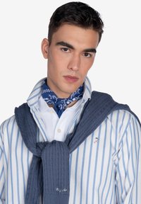 Camisa a rayas azules y blancas con un cuello blanco, combinada con un suéter de punto azul oscuro atado alrededor del cuello y una bufanda azul de estampado.