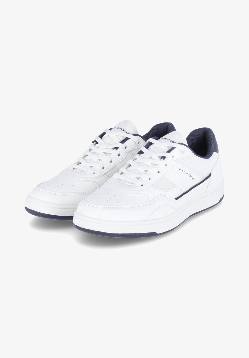 White sneakers with navy accents, smooth leather upper, round toe, lace-up closure, perforations for breathability, and cushioned sole.