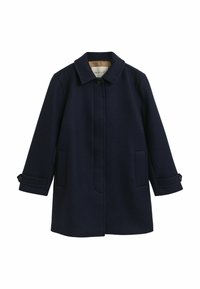 Donker marineblauwe wollen jas met een rechte snit, klassieke kraag, knoopsluiting aan de voorkant en twee zijzakken; heeft manchetten met knopen.