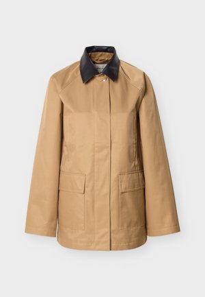 Khaki waterproof jacket with a black faux leather collar. Features two front patch pockets and a simple, straight-cut design.