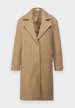 Abrigo de mezcla de lana marrón con un acabado texturizado, solapas notch, frente abierto y bolsillos laterales. Diseñado para un ajuste holgado con mangas largas.