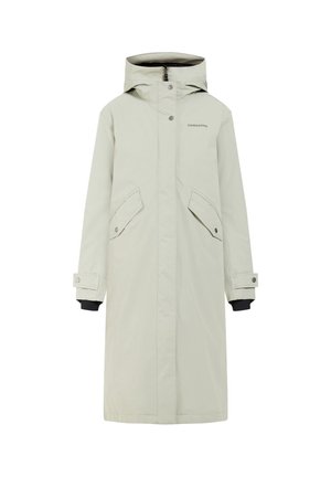 Langer, hellgrauer wasserdichter Mantel mit Kapuze, Frontreißverschluss, zwei Seitentaschen und schwarzen Bündchen. Hat ein minimalistisches Design und Branding.