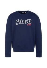 Felpa blu navy in misto cotone. Presenta una scollatura rotonda, maniche lunghe e un audace logo "Schott N.Y.C" in colori a contrasto.