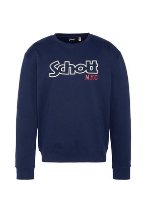 Felpa blu navy in misto cotone. Presenta una scollatura rotonda, maniche lunghe e un audace logo "Schott N.Y.C" in colori a contrasto.