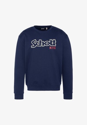 Sudadera azul marino hecha de mezcla de algodón. Presenta un cuello redondo, mangas largas y un llamativo logo "Schott N.Y.C" en colores contrastantes.