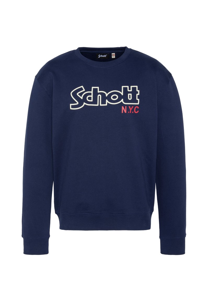 Felpa blu navy in misto cotone. Presenta una scollatura rotonda, maniche lunghe e un audace logo "Schott N.Y.C" in colori a contrasto.