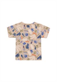 Kurzarm-T-Shirt aus leichtem beige-farbenem Stoff mit Mustern tropischer Pflanzen und Früchte in Blau, Grün und Orange. Design mit Rundhalsausschnitt.