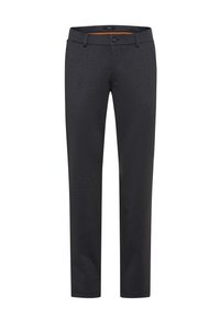 Donkergrijze broek van een gestructureerde stof, met een rechte snit, voorzakken en een knoopsluiting met een contrasterende oranje accent.