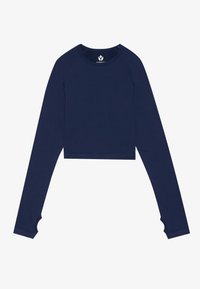 Ναυτικό cropped τοπ με μακριά μανίκια, φτιαγμένο από μαλακό ύφασμα, με στρογγυλή λαιμόκοψη και μανίκια με τρύπες για τους αντίχειρες. Απλός σχεδιασμός με ελάχιστη διακόσμηση.