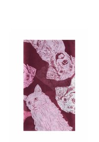 Tissu en coton de couleur bordeaux profond présentant des illustrations roses de chiens et d'un chat, avec des textures de fourrure détaillées et des expressions faciales marquées.
