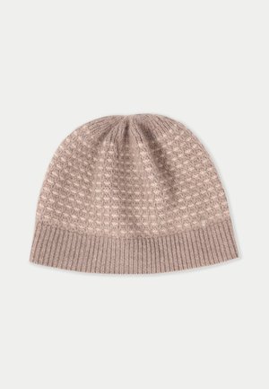 Bonnet en laine de couleur beige clair avec un motif texturé et une bordure côtelée. Matériau doux avec un sommet arrondi, idéal pour les temps froids.