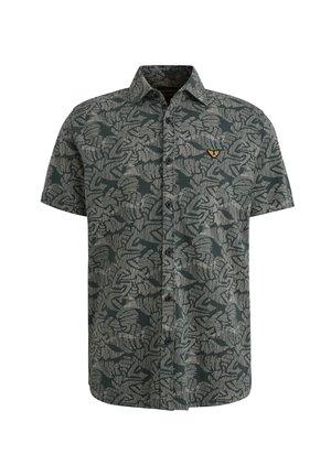 Krátky rukáv, košeľa na gombíky v tmavozelenej farbe s bielym abstraktným vzorom listov a malým žltým logom na ľavom vrecku na hrudi.