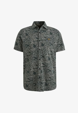Krátky rukáv, košeľa na gombíky v tmavozelenej farbe s bielym abstraktným vzorom listov a malým žltým logom na ľavom vrecku na hrudi.