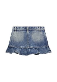 Gonna in denim azzurro chiaro, con orlo arricciato, cinque passanti per cintura e chiusura con bottoni, in un classico design a cinque tasche.