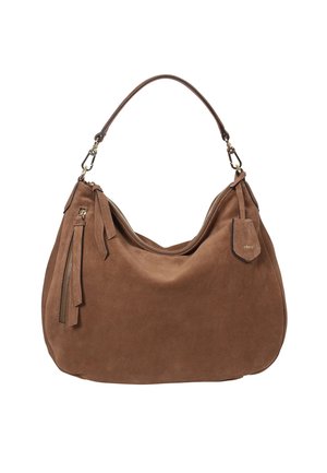 Brown suede hobo bag with a zipped top, single shoulder strap, tassel detail, and a small leather tag with branding.