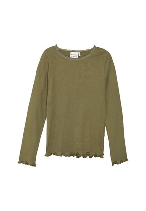 Olivgrünes, geripptes Langarmoberteil mit rundem Halsausschnitt, das einen gewellten Saum und Bündchen aufweist. Aus einem weichen Textilmaterial gefertigt.