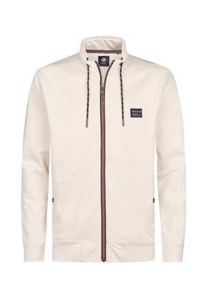 Cremefarbige Jacke mit Reißverschluss, hohem Kragen, Kordelzug, seitlichen Taschen mit Knöpfen und einem kleinen rechteckigen Petrol Ind Logo auf der Brust.