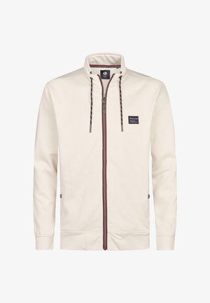 Cremefarbige Jacke mit Reißverschluss, hohem Kragen, Kordelzug, seitlichen Taschen mit Knöpfen und einem kleinen rechteckigen Petrol Ind Logo auf der Brust.