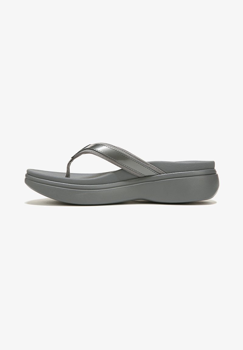 Gray flip-flop with a textured rubber sole, thin straps, and a smooth upper. Features a slight wedge for added height.