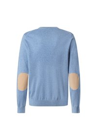 Jasnoniebieski sweter z miękkiego materiału, z okrągłym dekoltem i beżowymi łatkami na łokciach. Posiada długie rękawy i ściągacz u dołu.