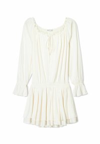 Bílý, lehký šaty s dlouhými rukávy, volánkovým výstřihem, detaily na stažení, elastickým pasem a plisovanou sukní. Měkká tkanina a rozšířené manžety.