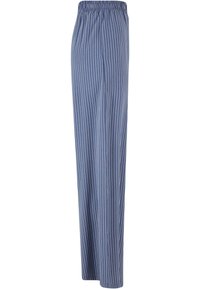 Pantalon à jambes larges rayé bleu et blanc avec une taille élastique, fabriqué en tissu doux. Les rayures sont verticales, offrant une coupe décontractée.