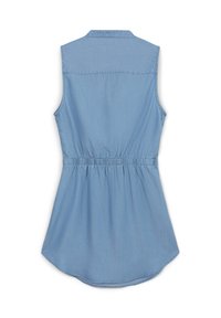 Light blue sleeveless shirt with a collared neckline, elastic waist, and a curved hem. Made of a soft, denim-like fabric.