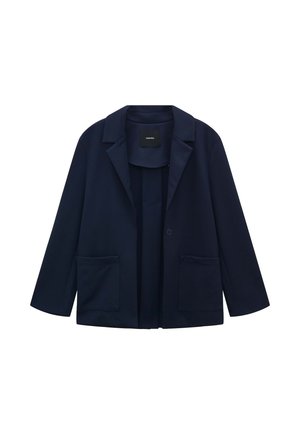 Marineblauwe blazer van textured stof, met een reverskraag, twee voorkruiken en een enkele knoopsluiting.