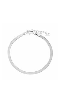 Srebrna metalowa bransoletka o gładkim, płaskim designie, z łańcuszkowym przedłużeniem umożliwiającym regulację długości i bezpiecznym zapięciem.