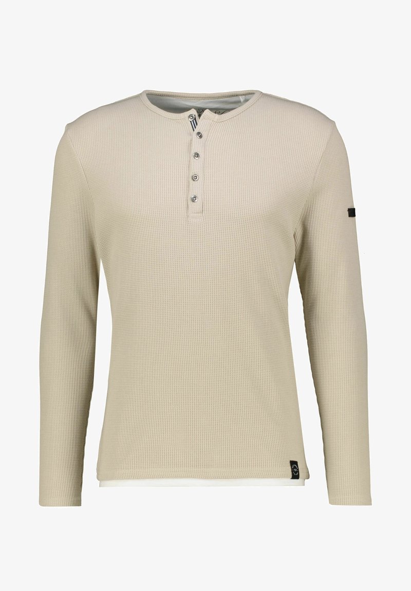 Beiger Langarm-Henley-Shirt mit strukturiertem Strick, fünf Knöpfen und einem Seitenschild. Mit Rundhalsausschnitt und gerippten Bündchen.