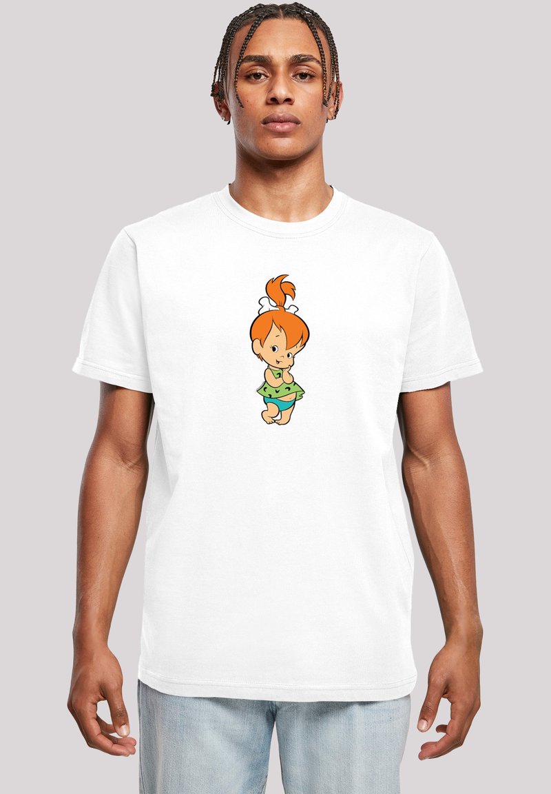 White cotton T-shirt featuring an illustrated character with orange hair and a green shirt, displayed against a neutral background.