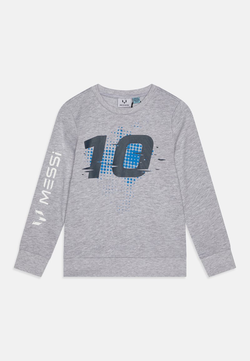 Siv grey pulover s dolgimi rokavi. Ima velik moder grafik z oznako "10" in pikčaste detajle. "MESSI" natisnjen v belem na rokavu.