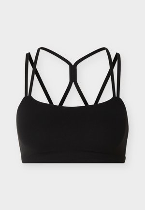 Μαύρο αθλητικό σουτιέν με διπλές λεπτές τιράντες και σχέδιο ανοικτής πλάτης με σταυρωτές λωρίδες σε λευκό φόντο.