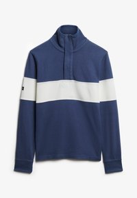 Marineblauwe longsleeve pullover met een hoge kraag, voorzien van een witte horizontale streep over de borst en een textuurstof.