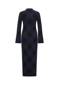 Abito a maniche lunghe nero con un motivo a diamante blu, caratterizzato da un collo alto e dettagli con bottoni sulle maniche. Vestibilità tailored, lunghezza fino al ginocchio.