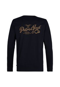 Lange mouw navy T-shirt van katoen, met bruine bedrukte tekst en een adelaar ontwerp op de achterkant. Gelabelde logo met duidelijke, vetgedrukte letters.