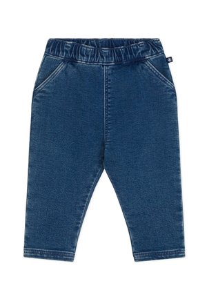 Niebieskie dżinsowe spodnie dresowe z elastycznym pasem, kieszeniami po bokach, zwężającymi się nogawkami i lekko teksturowanym wykończeniem. Brak widocznych oznaczeń marki.